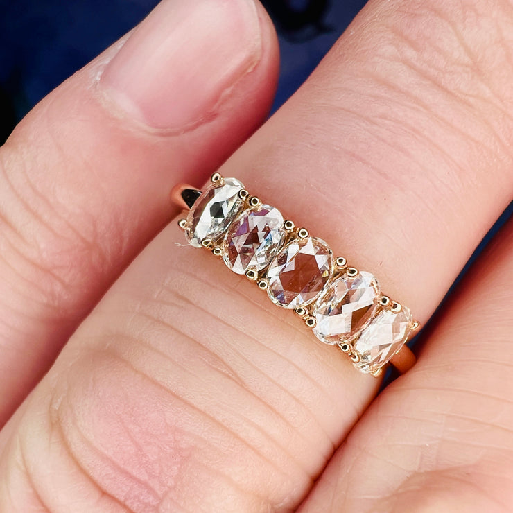 Viola Rose Cut Diamond Wedding Ring In Rose Gold Shown On The Hand