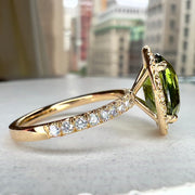 Side View Of Wrenley 5.01 Carat Natural Oval-Cut Green Sapphire Halo Engagement Ring Eco-Friendly 14k Yellow Gold