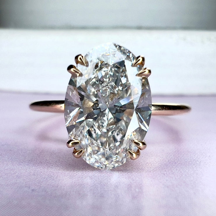 Jessa Delicate 2 Carat Lab Grown Oval Diamond Engagement Ring with Hidden Halo in Yellow Gold with double claw prongs - Designed for a wedding band to sit flush NYC 
