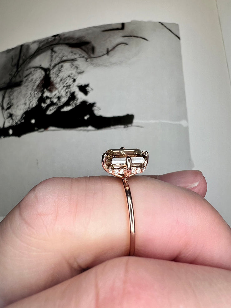 Sofia 2ct Natural Emerald-Cut Champagne Diamond Engagement Ring - Hidden Halo - Side View On Hand