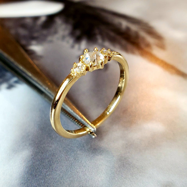 Side view- Minimalist rose cut diamond engagement ring- three stones. DANA WALDEN BRIDAL.