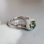Green sapphire engagement ring with double halo and pave shank- Dana Walden Bridal