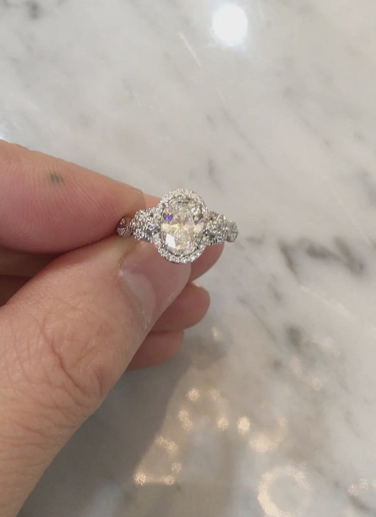 Video of the oval diamond halo engagement ring known as Maiya. Ethically handmade by Dana Walden NYC.
