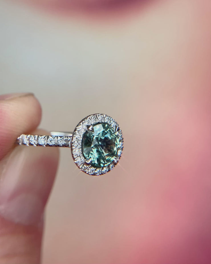 Video Elsa 1.71ct Blue-Green Sapphire Engagement Ring with White Diamond Halo