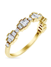 Unique baguette and round diamond wedding band in yellow gold side profile