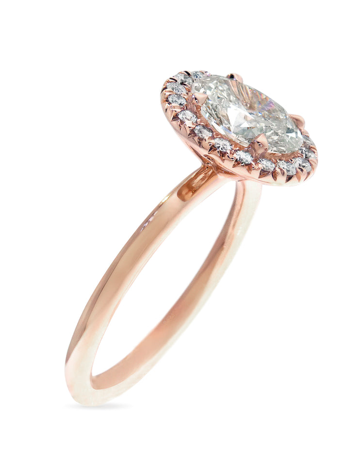 SIDE VIEW Unique rose gold lab diamond halo engagement ring by DANA WALDEN.