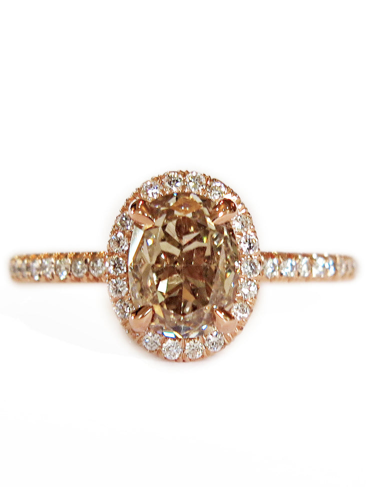Champagne diamond set in rose gold engagement ring. Dana Walden Bridal NYC.