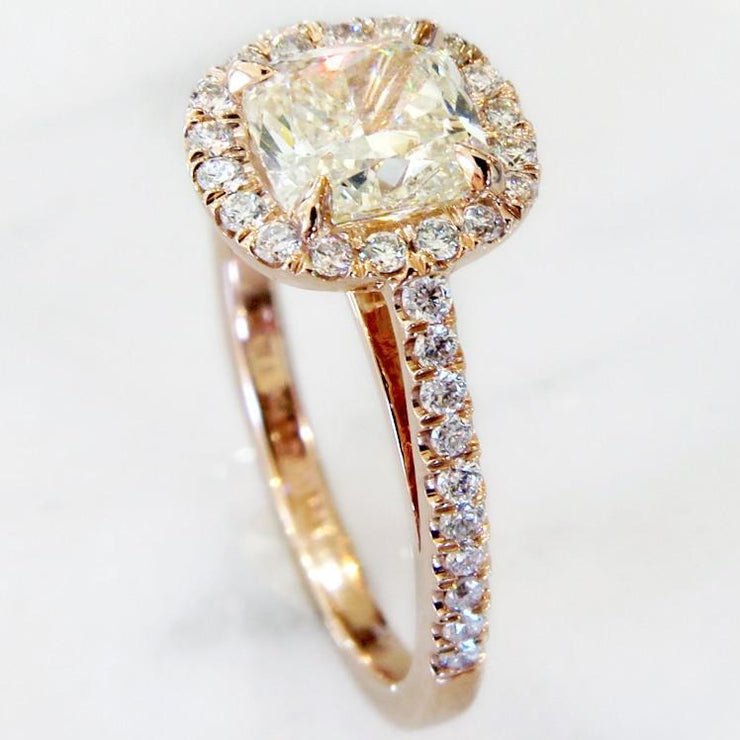 Cushion cut diamond halo with light yellow diamond in rose gold- Shelby