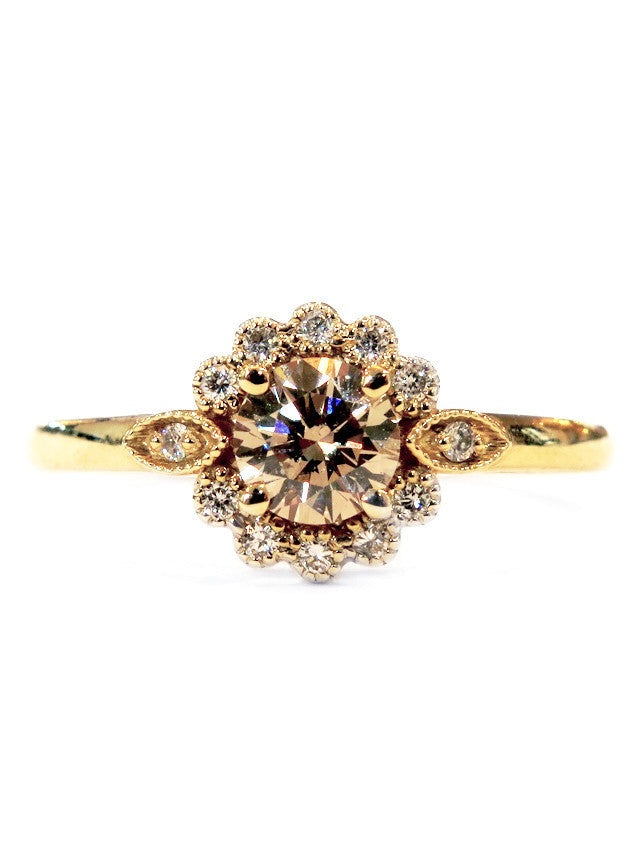 Yellow gold- Floral inspired champagne diamond engagement ring by DANA WALDEN BRIDAL.