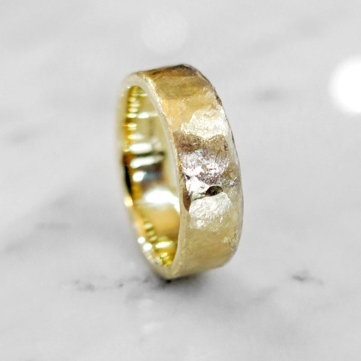 Unique Handmade Yellow Gold Wedding Ring Band with Hammered Texture