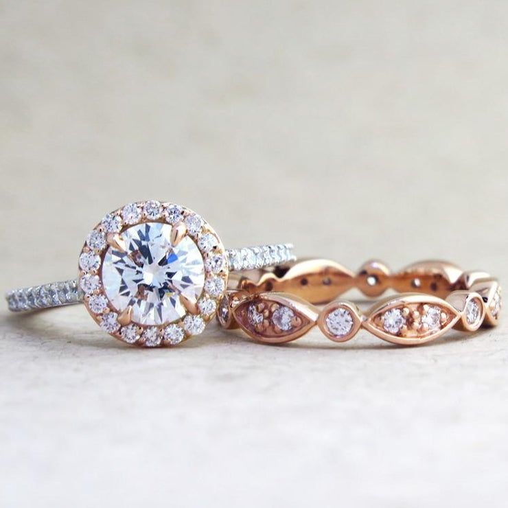 Handmade diamond halo engagement ring and wedding band by DANA WALDEN BRIDAL.