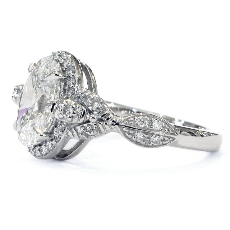 Nature inspired halo in platinum with diamonds  - side profile - Maiya
