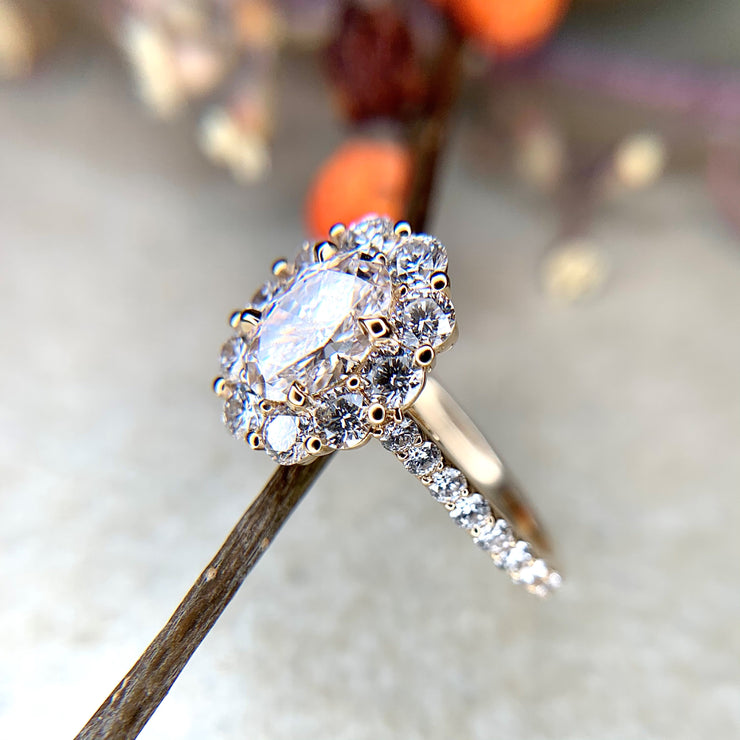 Side view- Ethical diamond halo engagement ring set in yellow gold. Handmade by Dana Walden Bridal Jewelry.