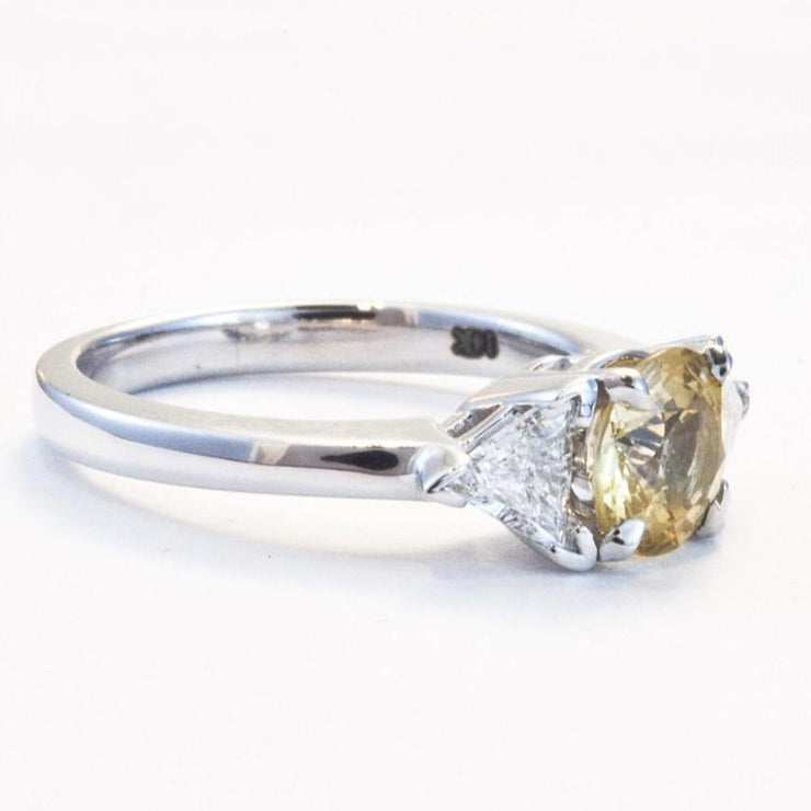 Marigold Custom 3 Stone Engagement Ring Yellow Sapphire with Triangle Diamond Accents in White Gold designed by Dana Walden Chin (Dana Chin) and Radika Chin for Dana Walden Bridal Side View