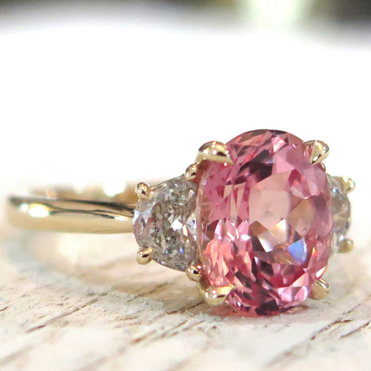 3.76 Peach Sapphire Engagement Ring in Yellow Gold & Oval Cut Padparadscha Nontraditional Alternative Custom