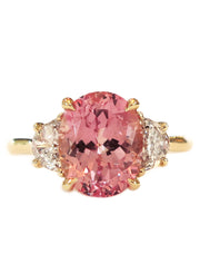 3.76 Carat Peach Sapphire Engagement Ring in Padparadscha with Three Stone Setting in Yellow Gold & Half Moon Diamonds