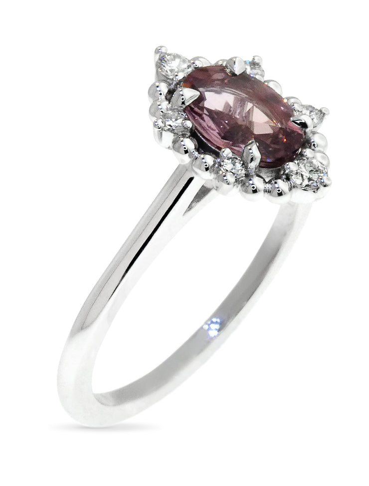 Mauve sapphire and diamond halo engagement ring in white gold by Dana Walden Bridal