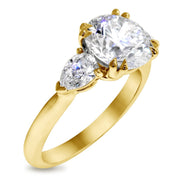 Side view of a three stone diamond engagement ring set in yellow gold. Dana Walden Bridal Jewelry.