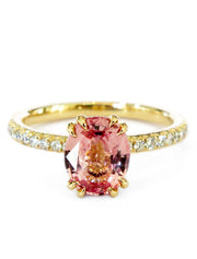 Priya Padparadscha Sapphire Engagement Ring in Yellow Gold with Delicate Micro-Pavé Diamonds by Dana Walden Bridal, NYC