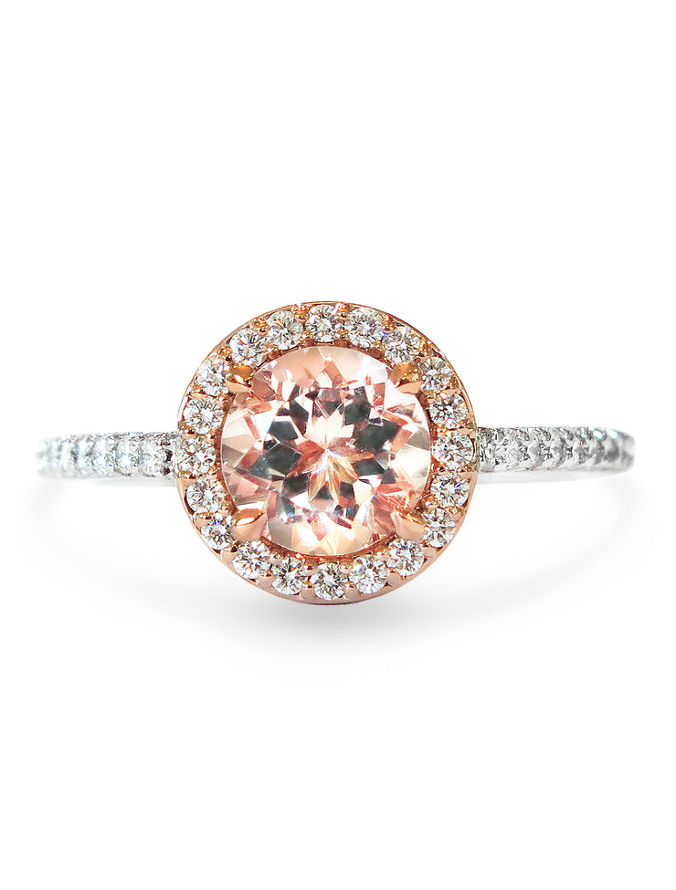 Morganite diamond halo engagement ring set in rose gold and platinum. DANA WALDEN BRIDAL.
