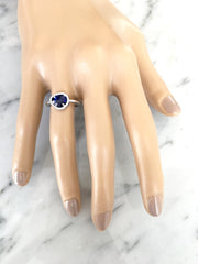 Unique Rose Cut Natural Sapphire Engagement Ring with Natural Diamond Halo Shown on a hand