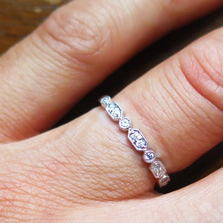 Stella Unique Vintage Art Deco Diamond Stacking Wedding Ring - Designed by Dana Chin Radika Chin- Dana Walden Bridal - NYC - Shown On Hand Finger