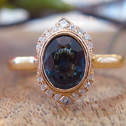 Tillary Custom Teal Sapphire Halo Engagement Ring in 18k Rose Gold by Dana Walden Bridal in NYC