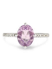 pale pink sapphire engagement ring with thin micro pave diamond band, designed in white gold by Dana Walden Bridal