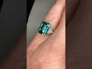 Video On Hand Natural Teal 5.11 Carat Sapphire 3 Stone Engagement Ring In Platinum with Triangle Natural Diamond Accents - Side View