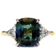 4 Carat Teal Sapphire Engagement Ring with Trillion Side Stone - 3 Stone Mixed Metal 