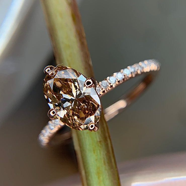 1.1ct Oval Champagne Diamond Engagement Ring with Skinny Micro-Pave Band and NSEW Compass Prongs  in Rose Gold by Dana Walden Bridal