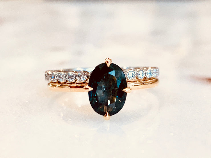 Tiva Teal Sapphire Rose Gold Engagement Ring and Arden Rose Gold Wedding Ring - Dana Walden - NYC