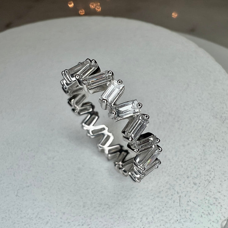 Anna natural diamond baguette eternity band with unique staggered diamonds in 14k white gold 