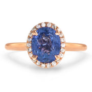 Purplish blue sapphire engagement ring with diamond halo- DANA WALDEN BRIDAL.