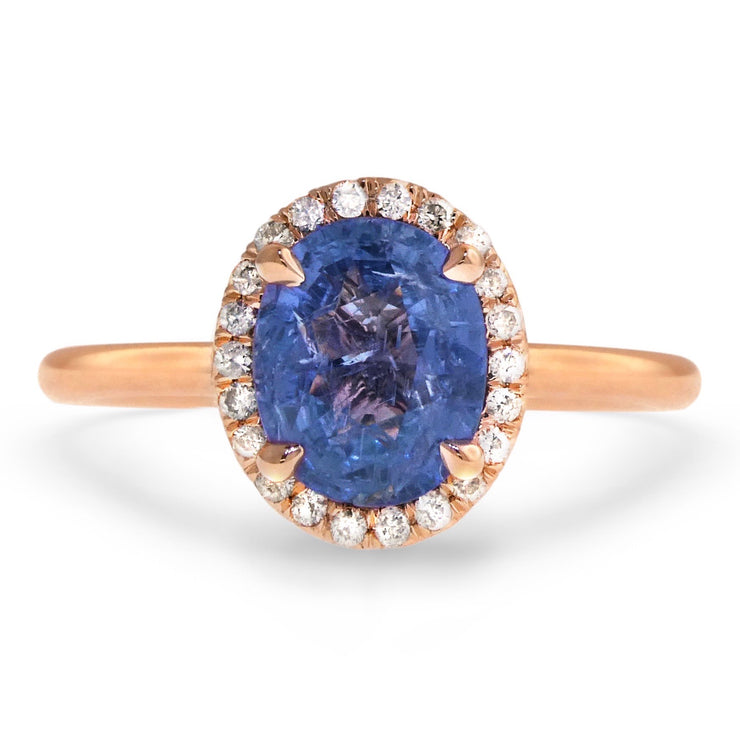 Purplish blue sapphire engagement ring with diamond halo- DANA WALDEN BRIDAL.