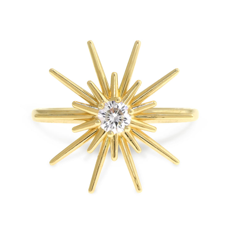 Handmade sculptural starburst ring in yellow gold with 0.25ct diamond center stone. Handmade by Dana Walden Bridal Jewelry NYC.