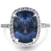 Blue-gray sapphire engagement ring with conflict-free diamond halo- Unique Engagement Ring