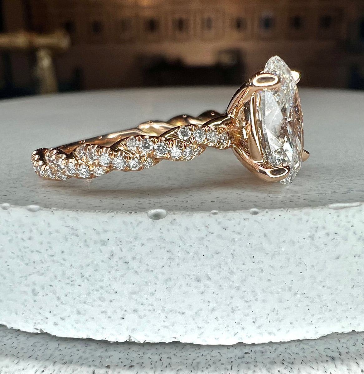 Suzette 1.47 Carat Oval Lab Grown Diamond Twisted Diamond Pave Band En Unique Engagement Rings NYC Custom Jewelry by Dana Walden Bridal