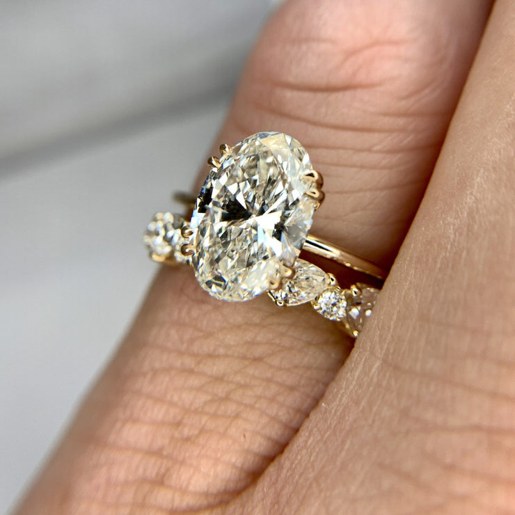 Jessa lab diamond oval solitaire engagement ring with Haniwa Diamond Band- DANA WALDEN BRIDAL.