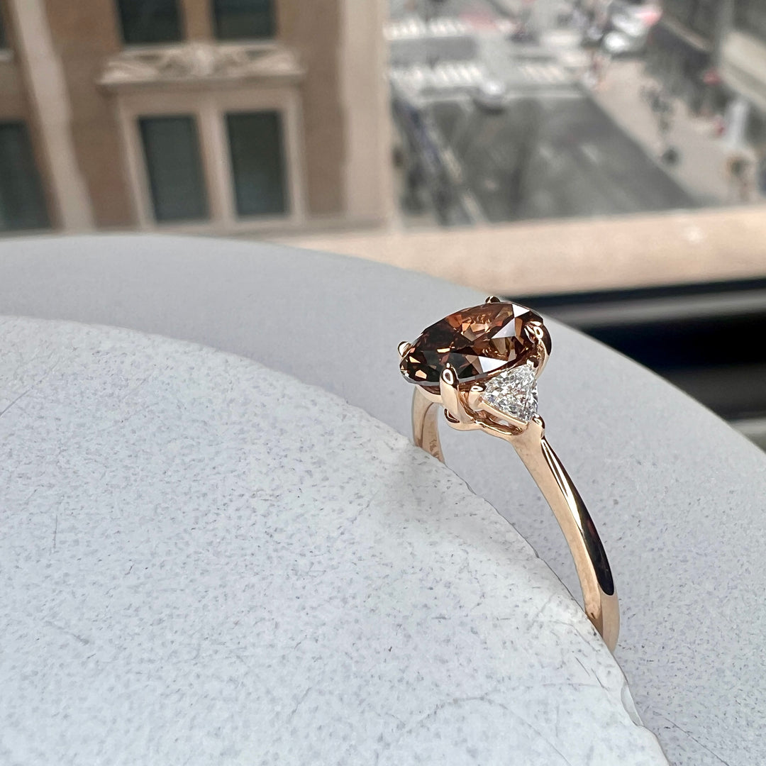 Lucine 1.18ct Natural Champagne Oval Diamond Three Stone Engagement Ri Unique Engagement Rings NYC Custom Jewelry by Dana Walden Bridal