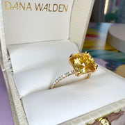 Amalia 4.61 Carat Natural Cushion-Cut Yellow Sapphire Engagement Ring Eco-Friendly 18k Yellow Gold Shown In Dana Walden NYC Ring Box