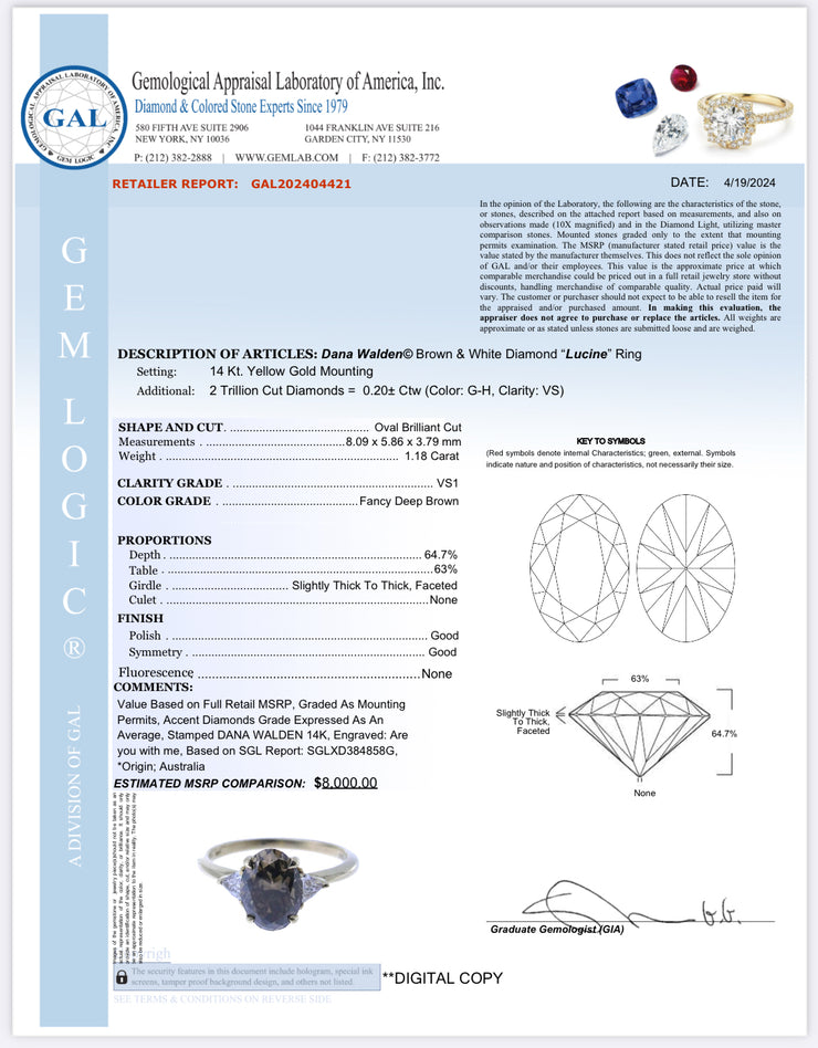 GAL appraisal of Lucine 1.18ct Natural Champagne Oval Diamond Three Stone Engagement Ring