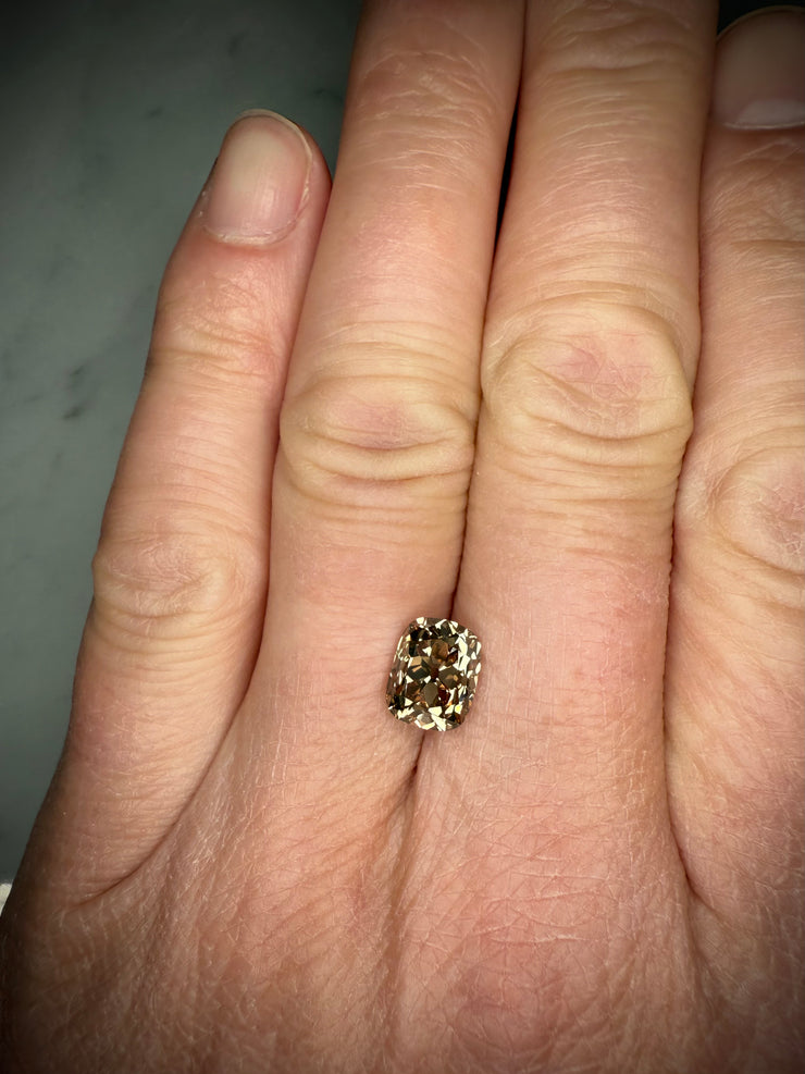 3.06 Carat Old Mine Cut Elongated Cushion Cut Champagne Diamond Shown on Hand