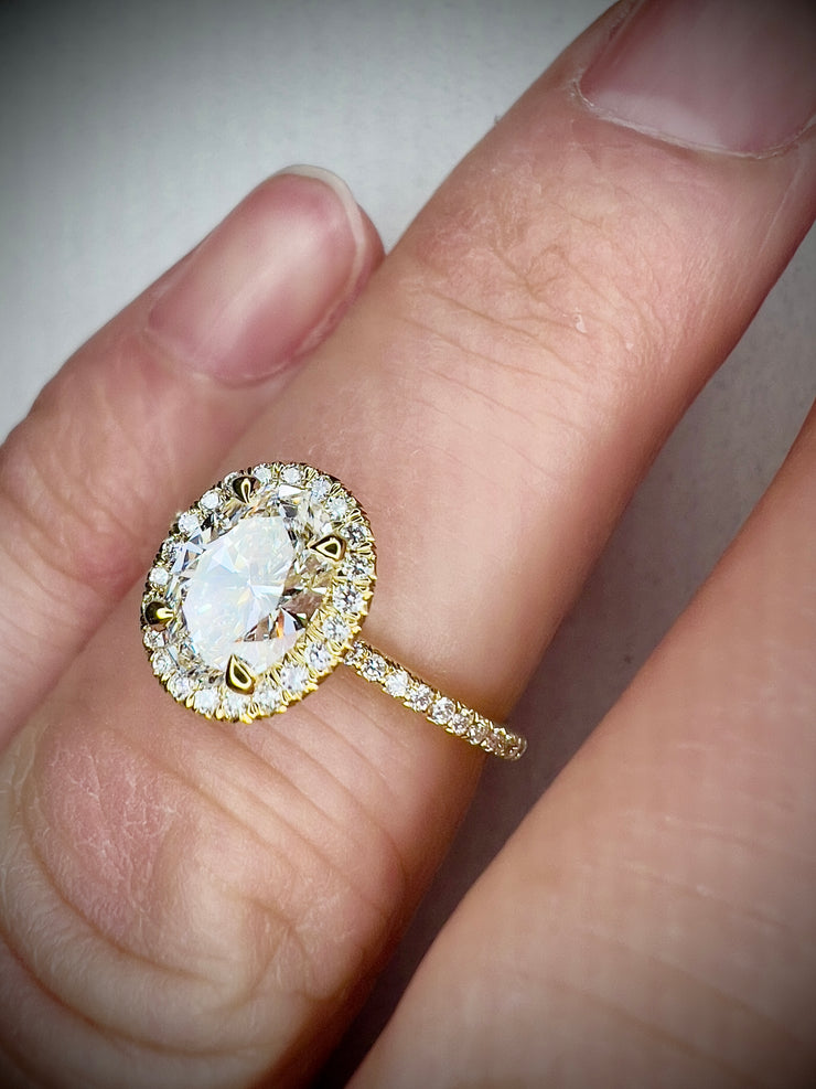 Delicate Halo Engagement Ring 18k Yellow Gold - 0.89 carat lab grown diamond - Shown On the hand