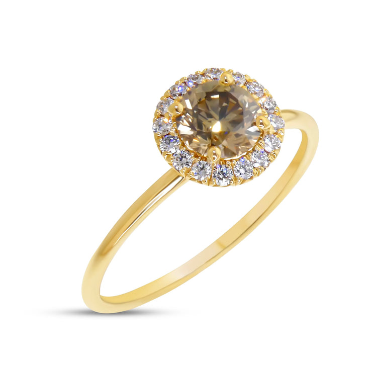 Emilia 0.55ct Natural Champagne Diamond Halo Engagement Ring Eco-Friendly 14k Yellow Gold 3/4 view