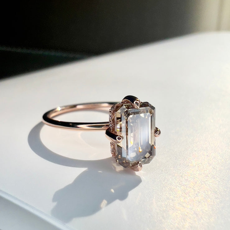 Sofia emerald cut champagne diamond solitaire in rose gold with hidden halo and thin band