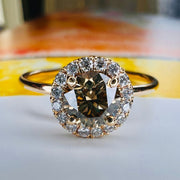 Champagne Diamond Engagement Ring.  Round center diamond with natural white diamond halo accent. Made in eco-friendly yellow gold