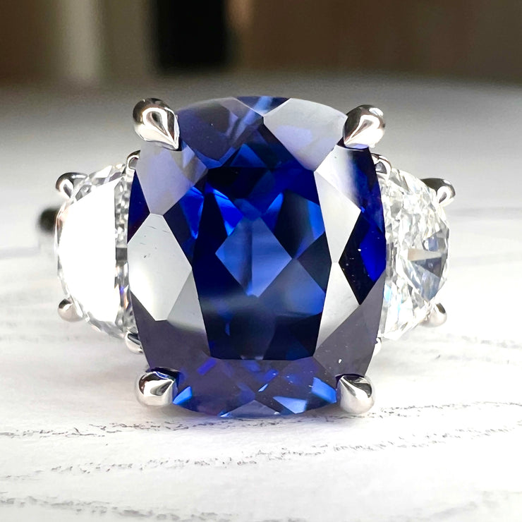 Alexandra lab sapphire engagement ring with half-moon, lunette diamonds. DANA WALDEN BRIDAL.