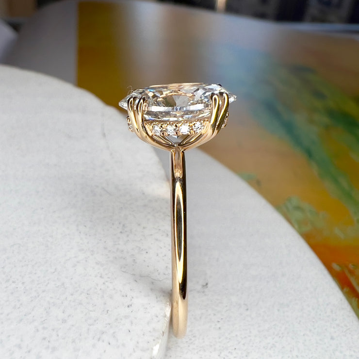 Side View Of The Hidden Diamond Halo - Jessa Lab Grown Oval Diamond Delicate Engagement Ring In Yellow Gold - Designed for a wedding ring to sit flush - NYC