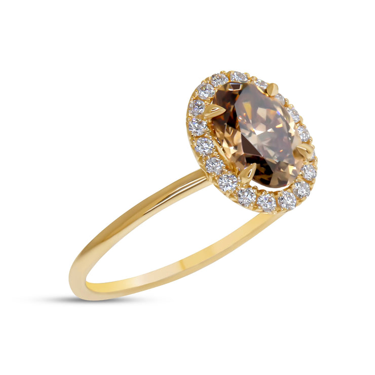 Emilia 1.07ct Natural Oval-Cut Champagne Diamond Halo Engagement Ring Eco-Friendly 14k Yellow Gold - 3/4 view